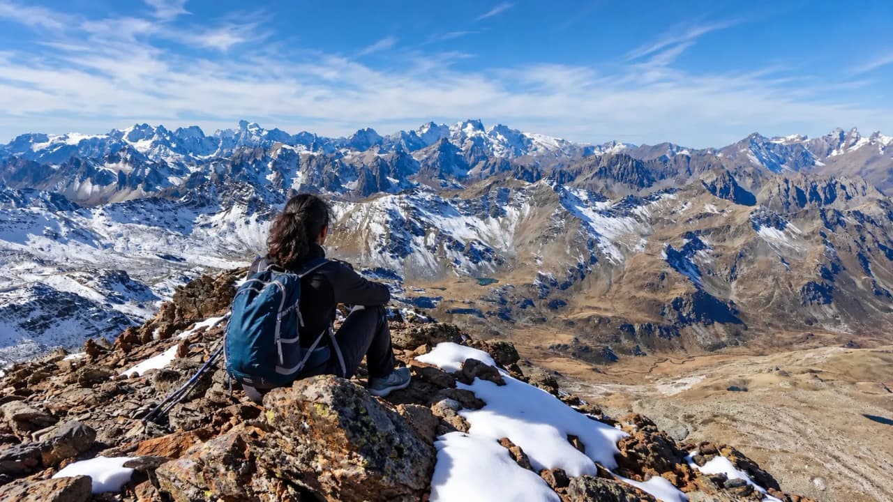 Randonneuse contemplant un panorama montagneux spectaculaire dans les Alpes Cerces.