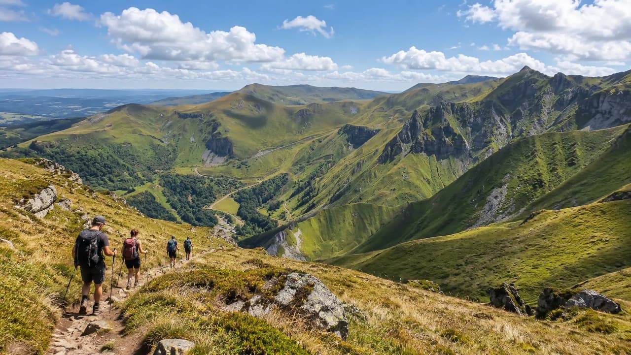 Randonnée pittoresque dans le Massif Central, entre collines verdoyantes et ciel azuré.