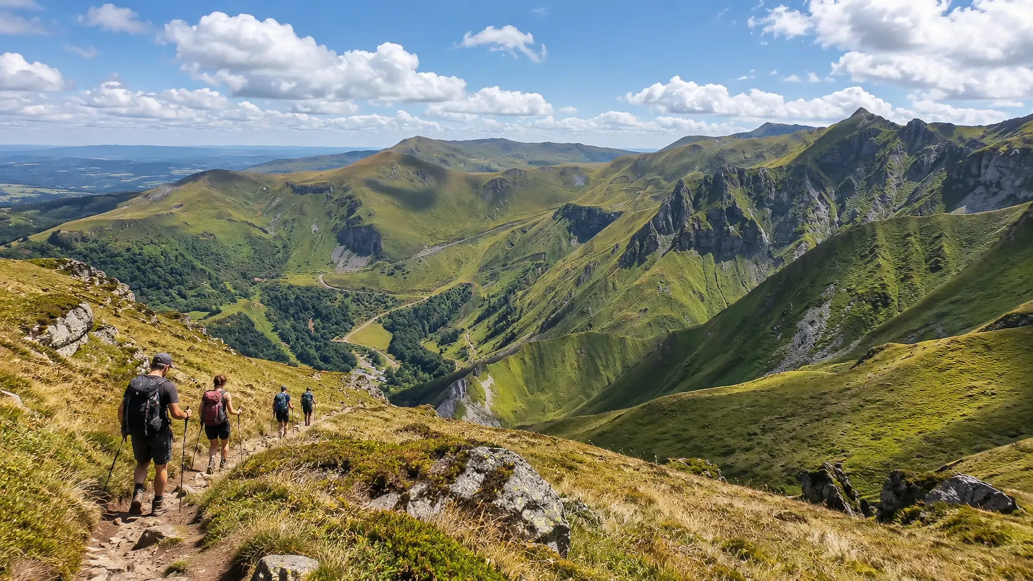 Randonnée pittoresque en Auvergne, entre collines verdoyantes et ciel azuré.