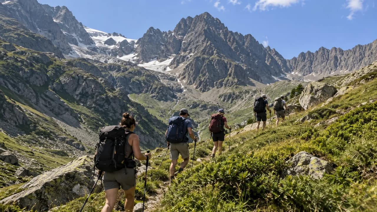 "A group of walkers on a scenic trail, with majestic mountains in the background."