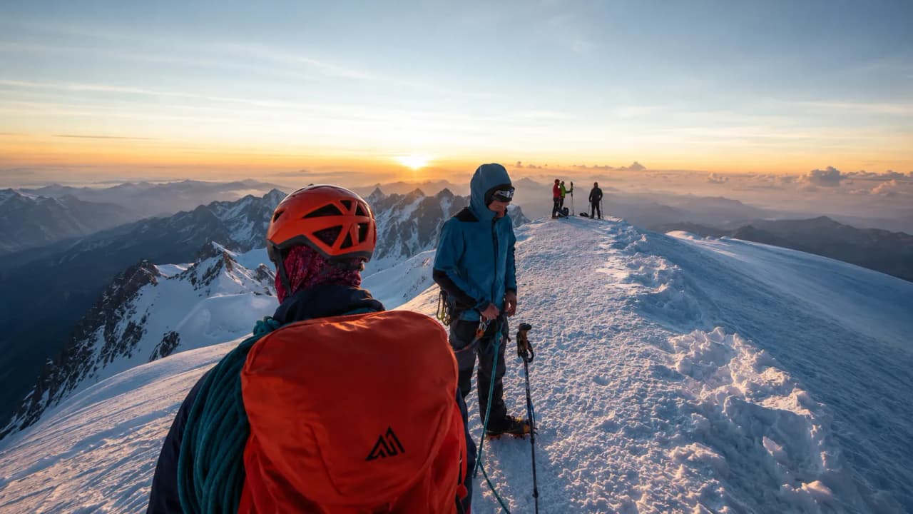 Groep klimmers op de top van de Mont Blanc, die een spectaculaire zonsopgang boven de Alpen bewonderen.