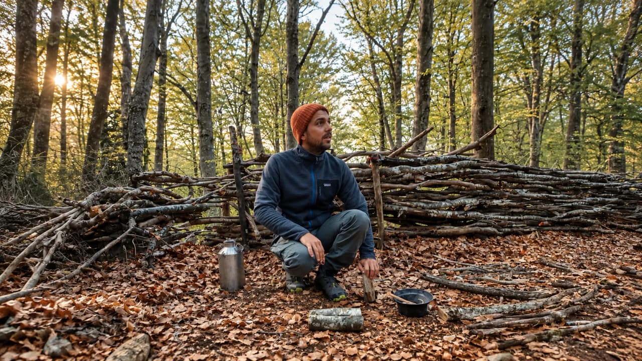 A man out in the countryside, learning bushcraft, surrounded by lush, peaceful forests.