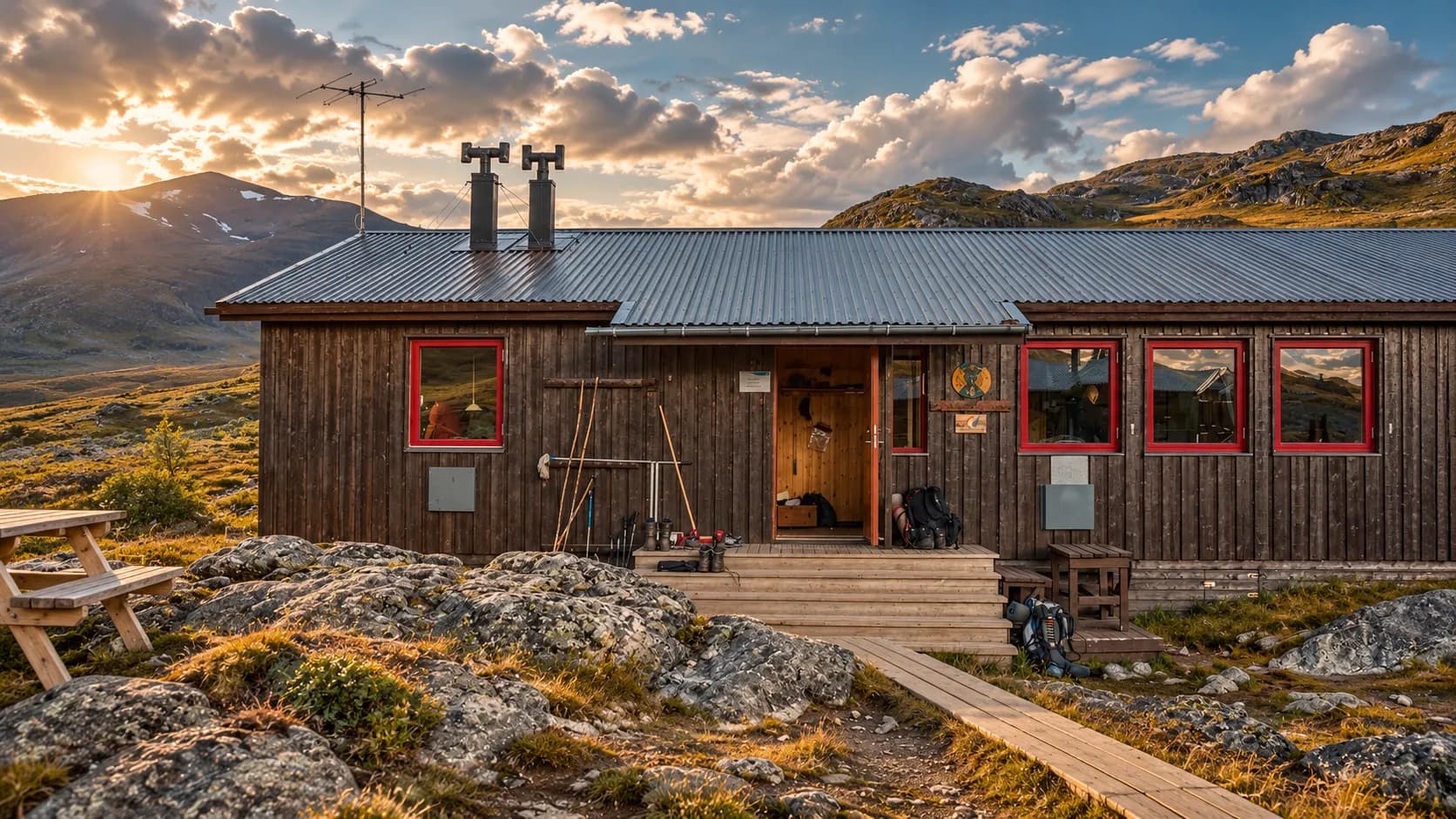 Een gezellige houten hut met grote ramen, omgeven door spectaculaire berglandschappen.
