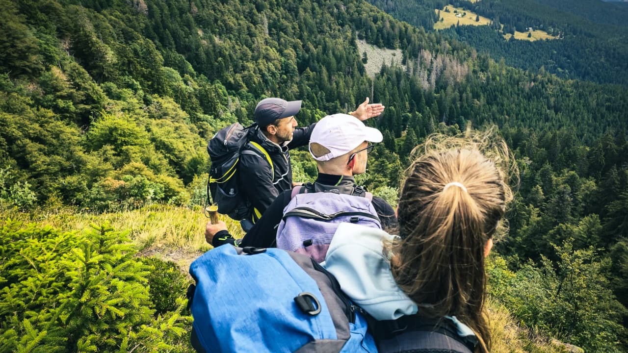 A group of hikers admiring the view of the green Vosges countryside.