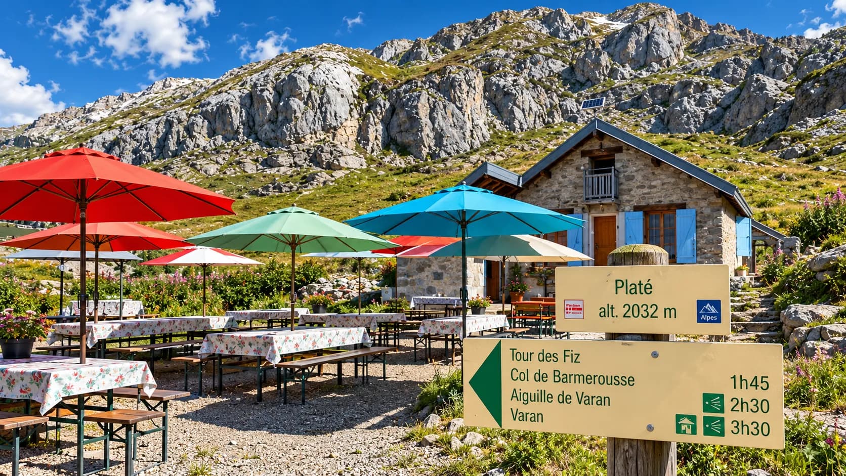 A picturesque mountain hut in Platé, surrounded by mountains, with colourful parasols and walking trails.