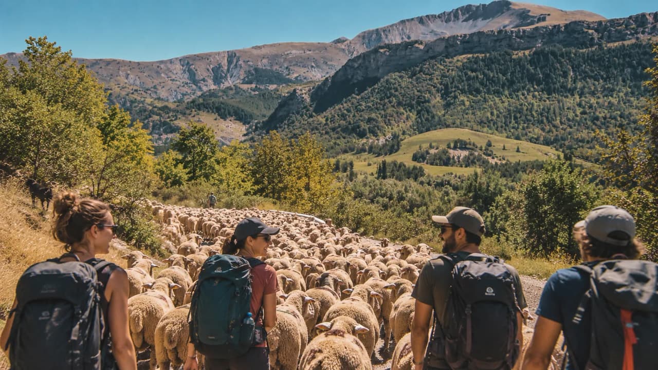 Un groupe de randonneurs traverse un chemin bordé de moutons, avec des montagnes en arrière-plan.