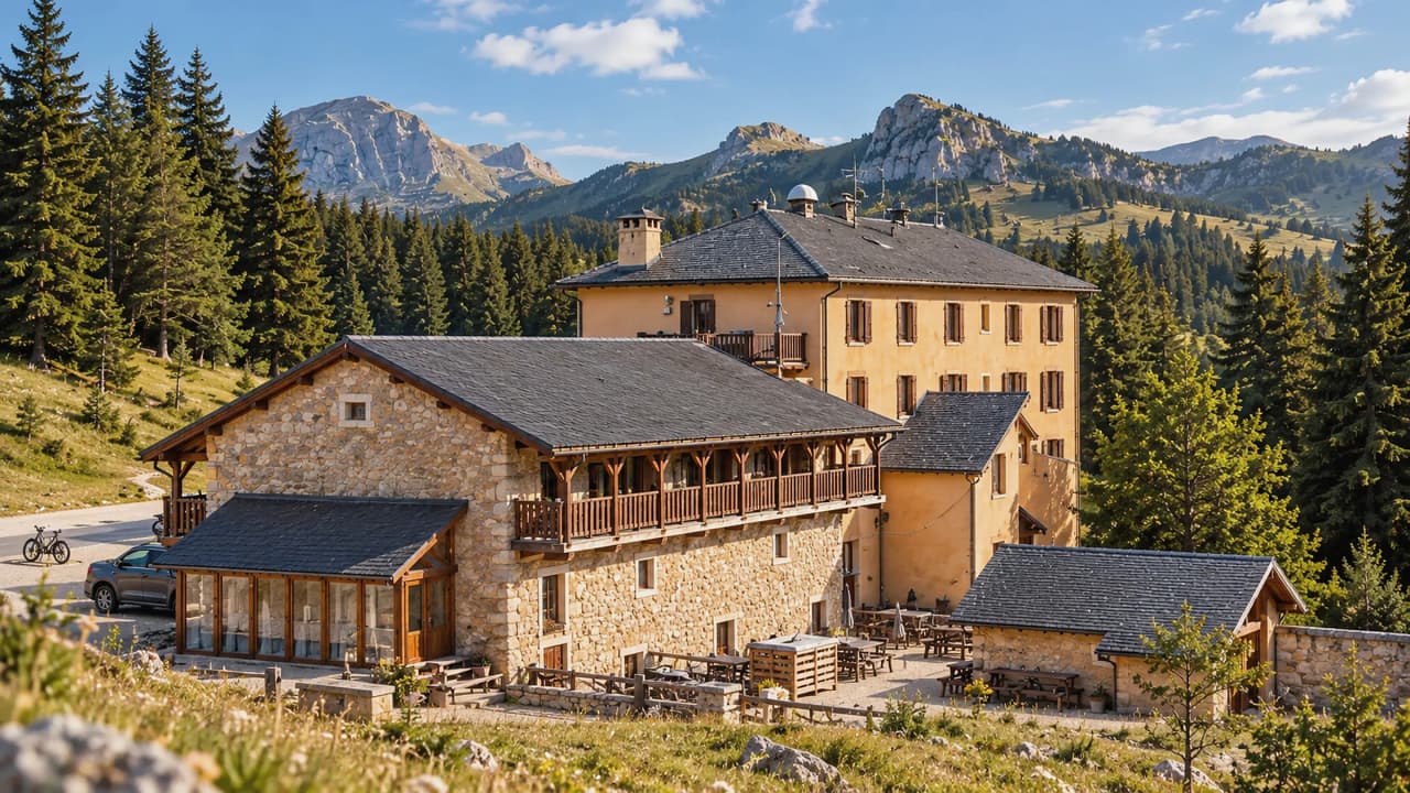 A stone chalet in the lush green mountains of the Vercors, surrounded by spectacular scenery.