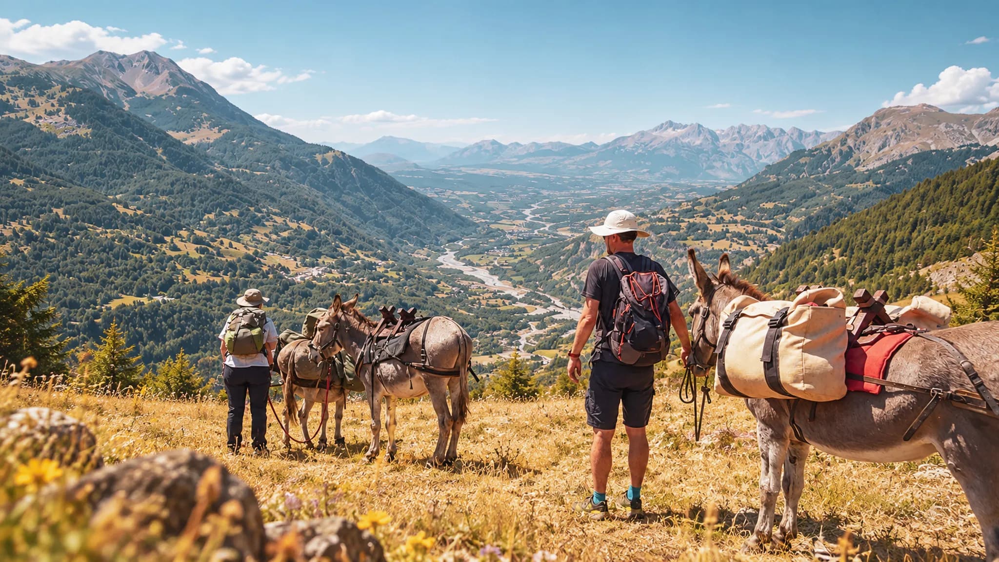 Randonnée paisible avec des ânes, paysages alpins des Écrins sous un ciel ensoleillé.