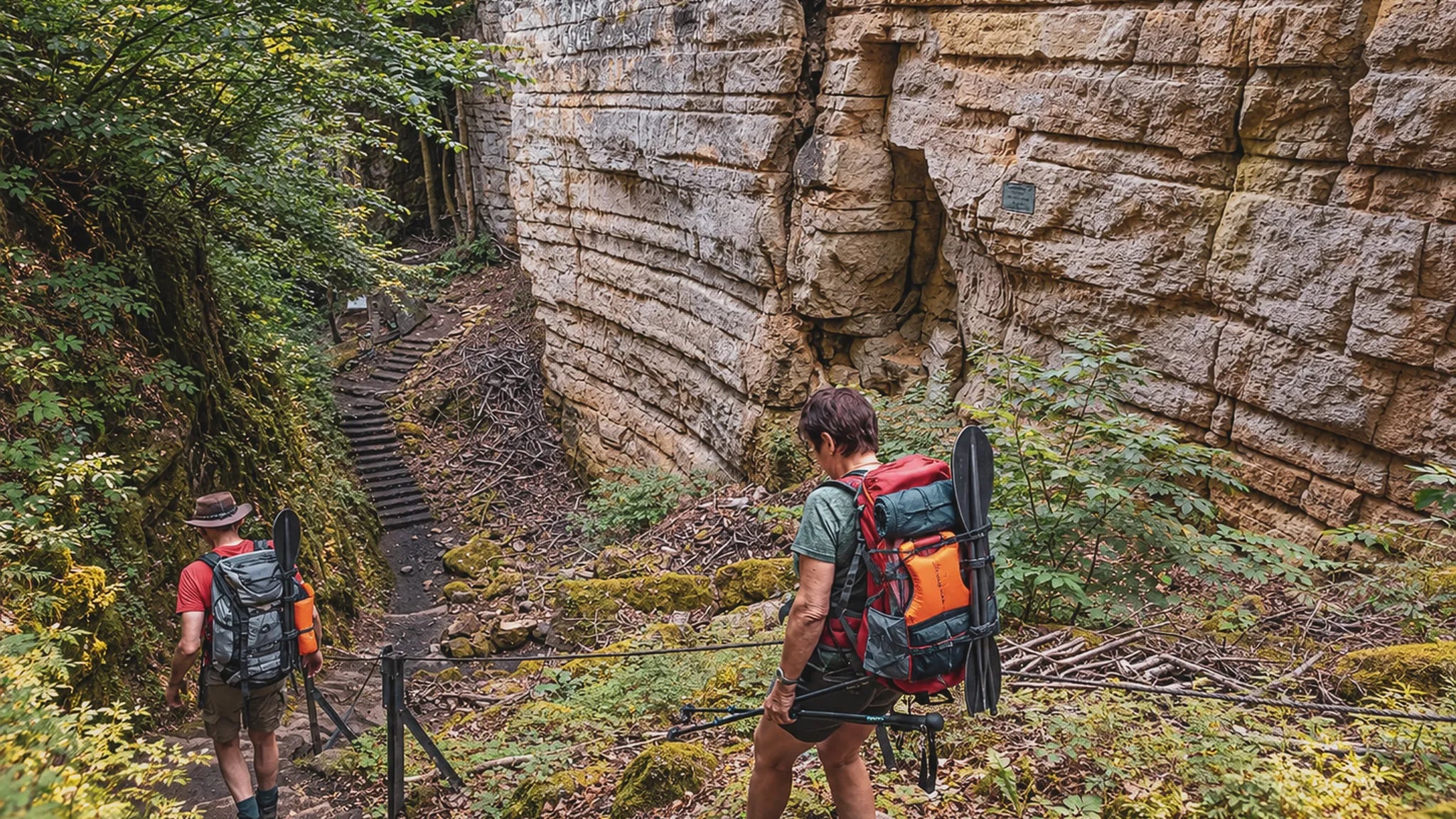 Deux randonneurs descendent un sentier entre falaises majestueuses, au cœur de la nature luxuriante.