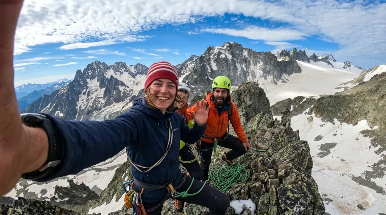 A group of smiling climbers at the summit, with the majestic Mont-Blanc in the background.