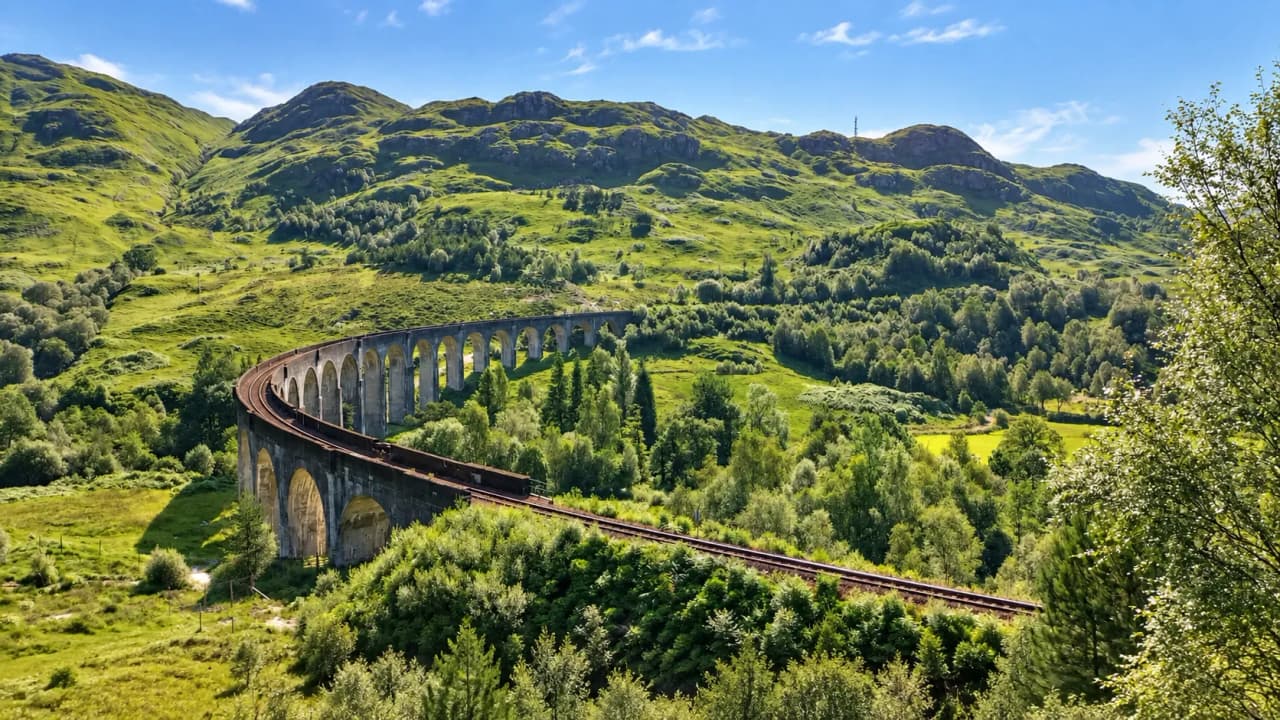 The curving Glenfinnan Viaduct and its 21 arches, set among the green hills of the Highlands