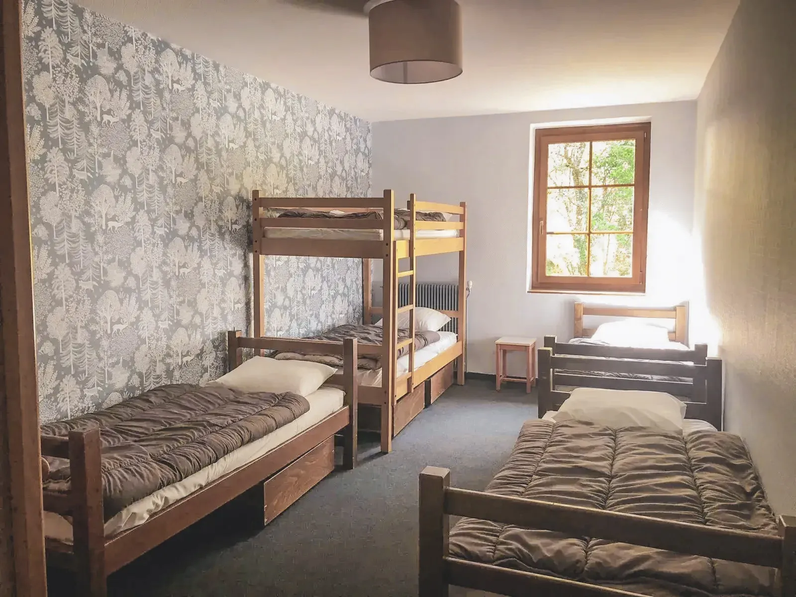 Een gezellige kamer met stapelbedden, een natuurlijke inrichting, natuurlijk licht en een warme sfeer.