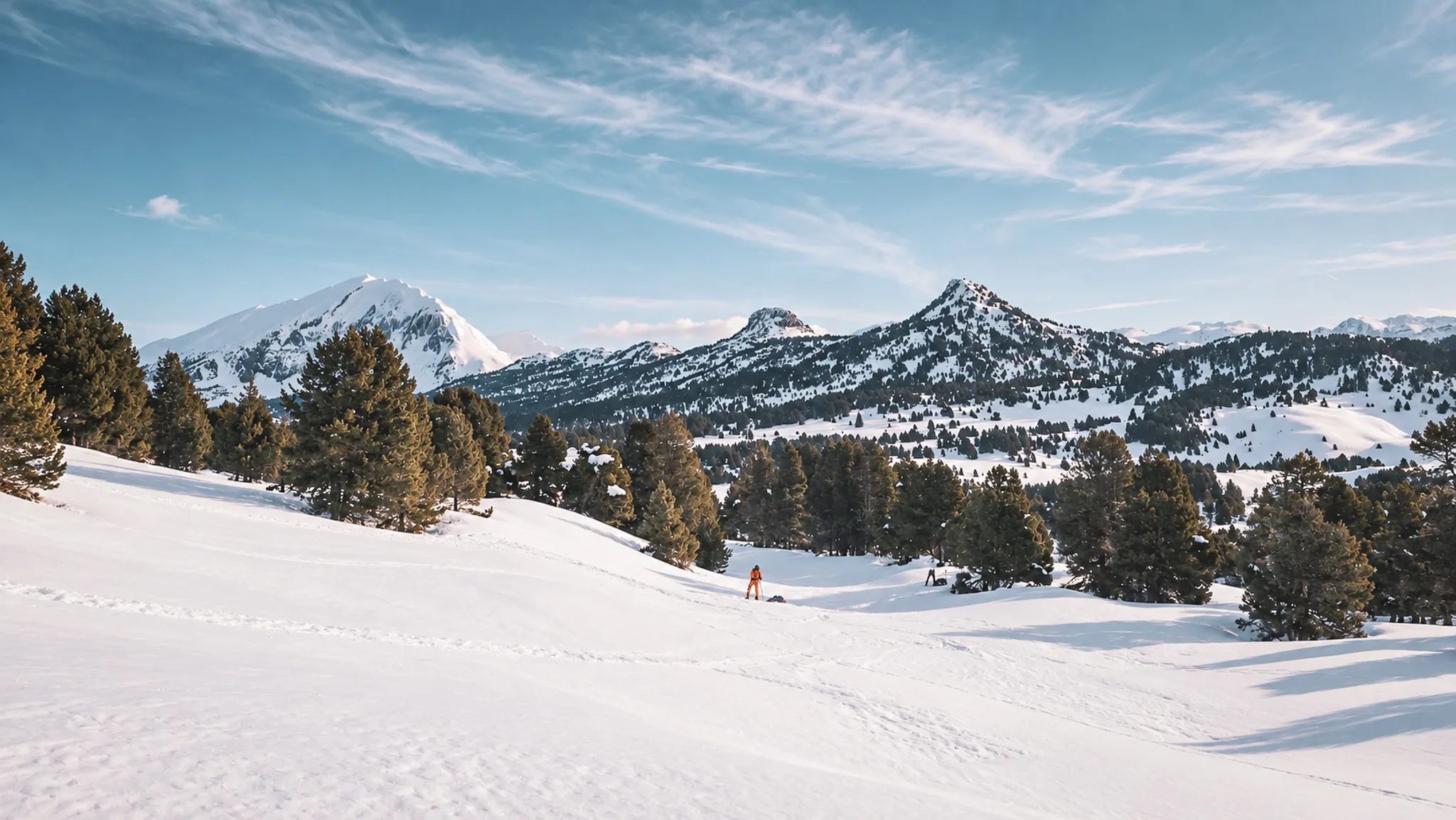 Un paysage enneigé du Vercors, avec des montagnes majestueuses et des arbres verdoyants.