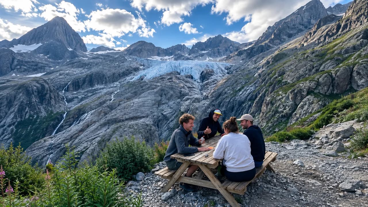 Vier vrienden spelen kaart aan een houten tafel in de bergen, met zicht op de tong van een gletsjer in de Écrins.