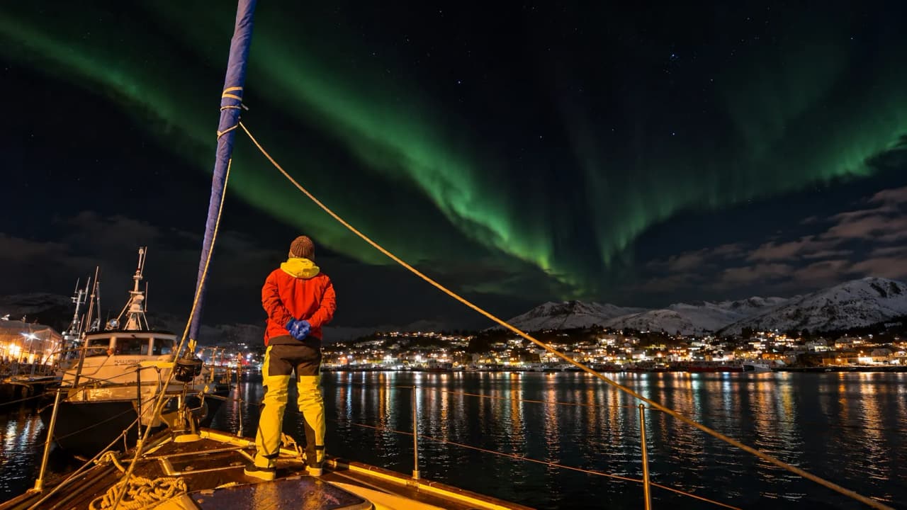 Un voyage en voilier sous les aurores boréales, avec un panorama enchanteur sur les Lofoten.