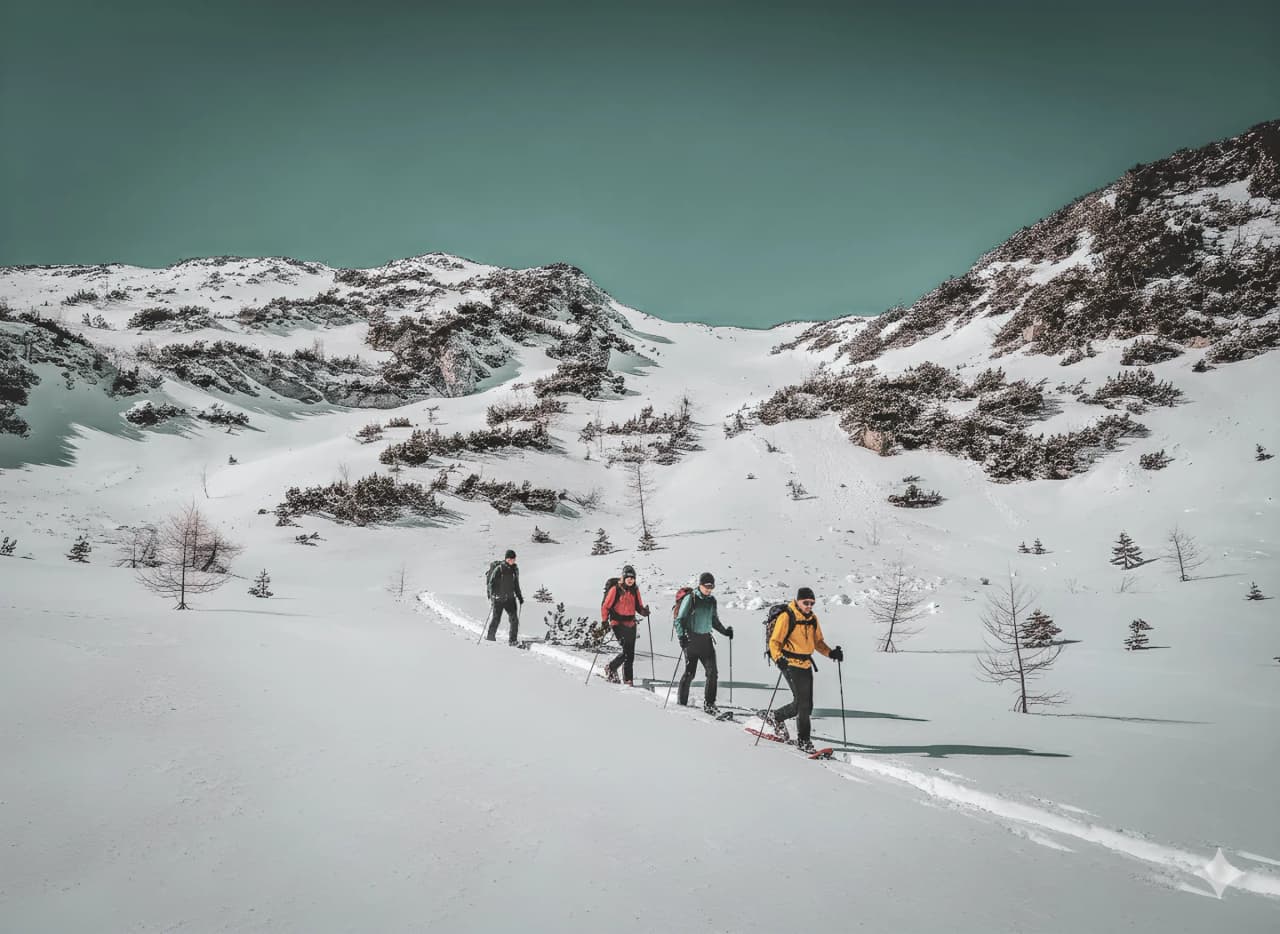Groupe de randonneurs en raquettes traversant un paysage enneigé dans les Alpes juliennes.