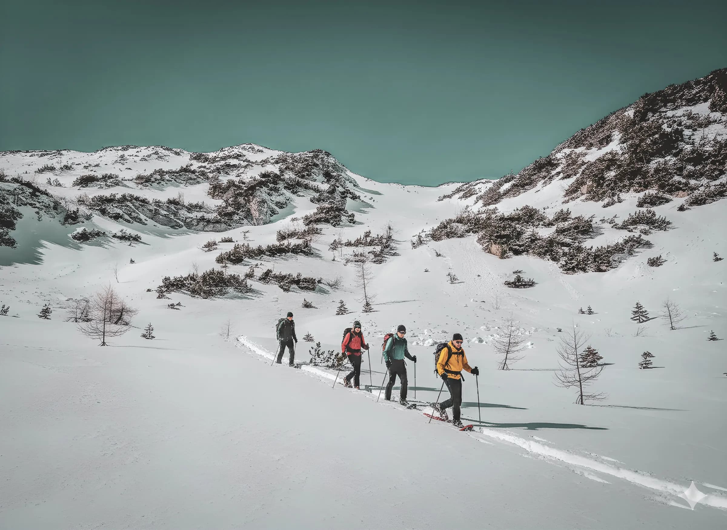 Groupe de randonneurs en raquettes traversant un paysage enneigé dans les Alpes juliennes.