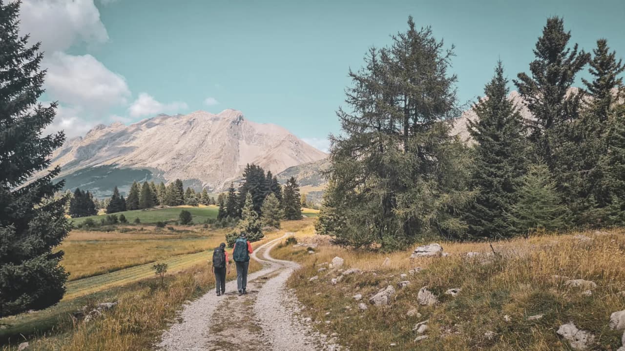 Two hikers walk along a winding path, surrounded by mountains and green forests.