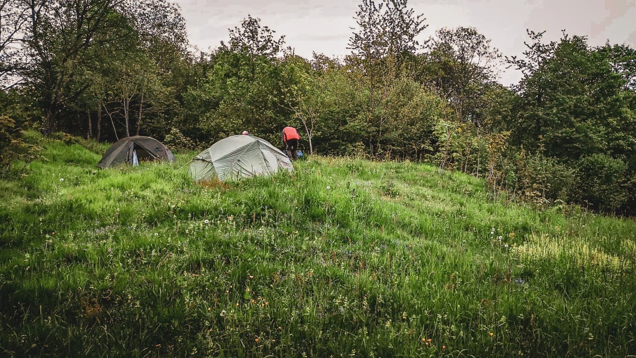 Tentes installées sur une colline verdoyante, entourées par la nature luxuriante des Vosges.