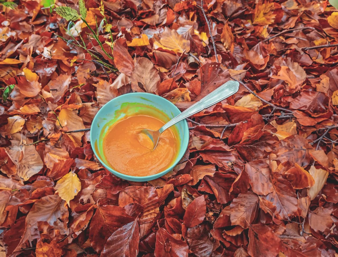 Un bol de soupe orangée posé sur un tapis de feuilles d'automne aux couleurs chaudes.