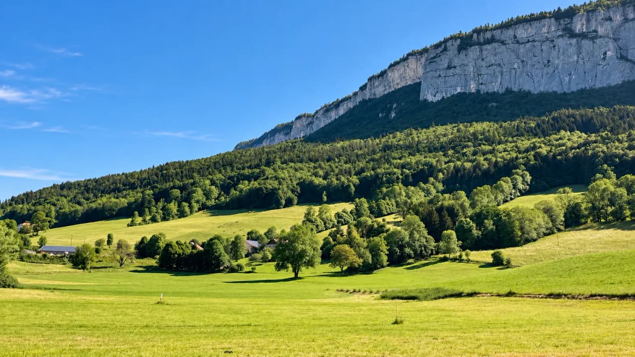 The lush green landscape of the Vercors, nestled between hills and cliffs, beneath a brilliant blue sky. Perfect for adventure!