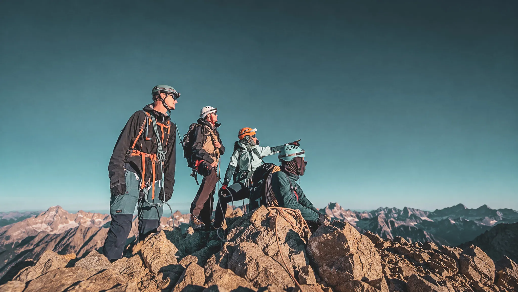 Groupe d'alpinistes au sommet, admirant un panorama montagneux sous un ciel ensoleillé.