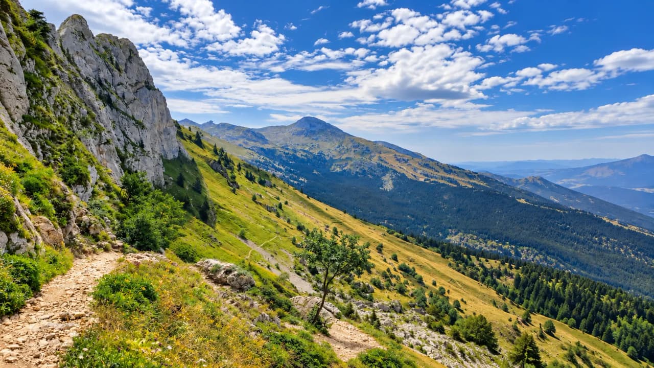 The mountainous landscape of the Vercors, with winding paths between the peaks and breathtaking views.