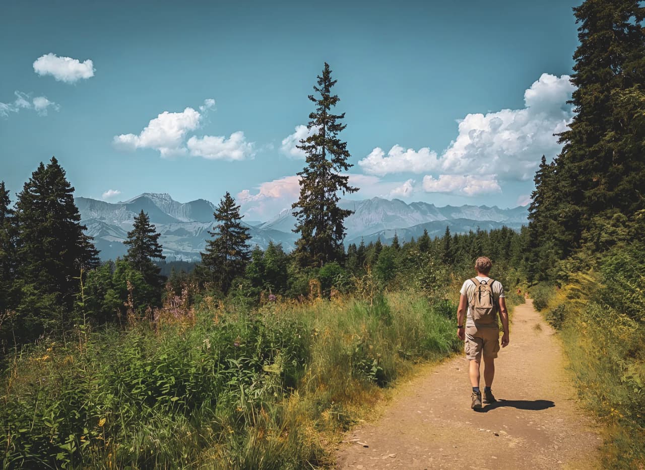 A solitary hiker on an Alpine trail, with Mont Blanc in the background.