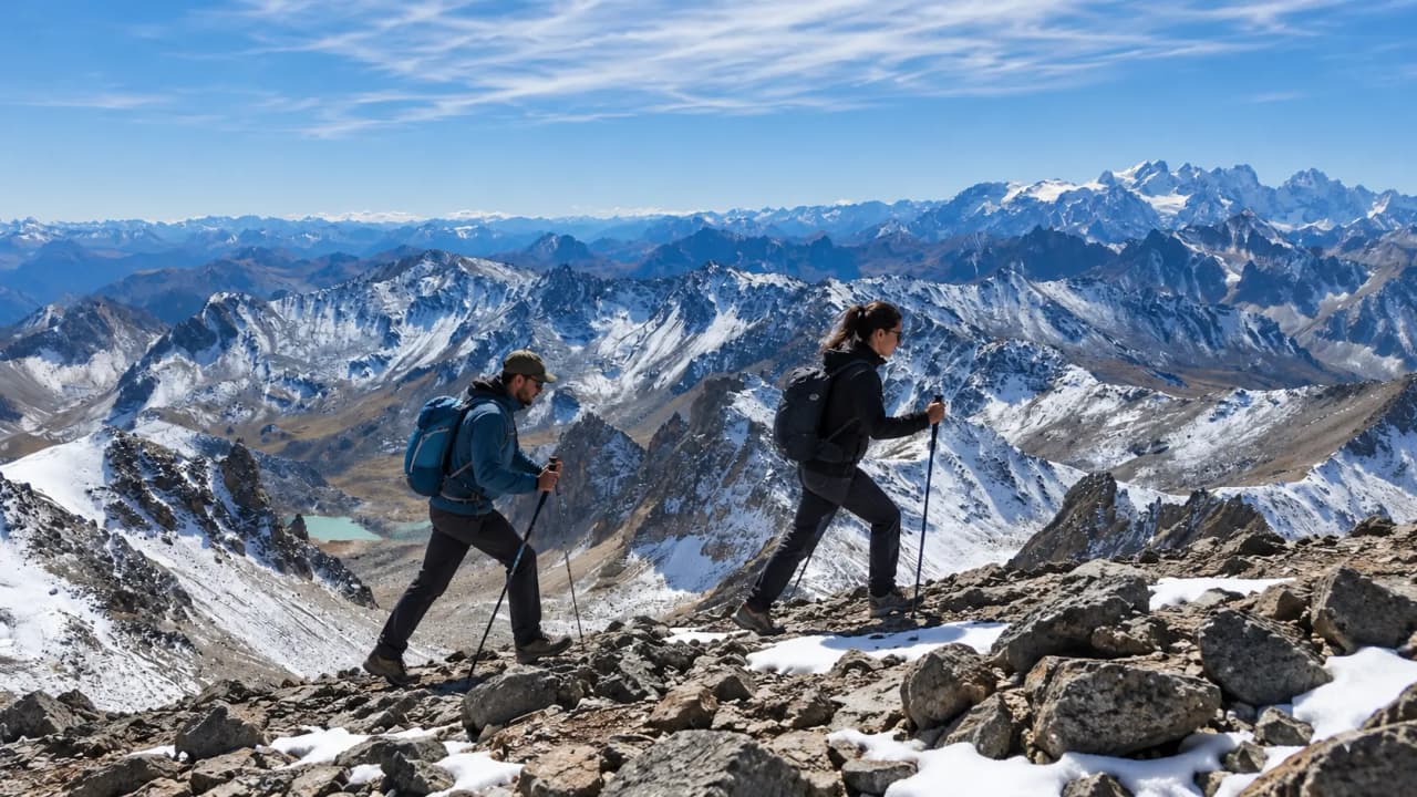 Randonneurs ascendants dans les majestueuses Alpes, entourés de sommets enneigés et de panoramas époustouflants.
