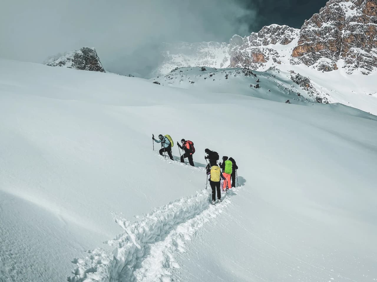 Groupe de randonneurs en raquettes sur un paysage enneigé, avec la Meije en toile de fond.