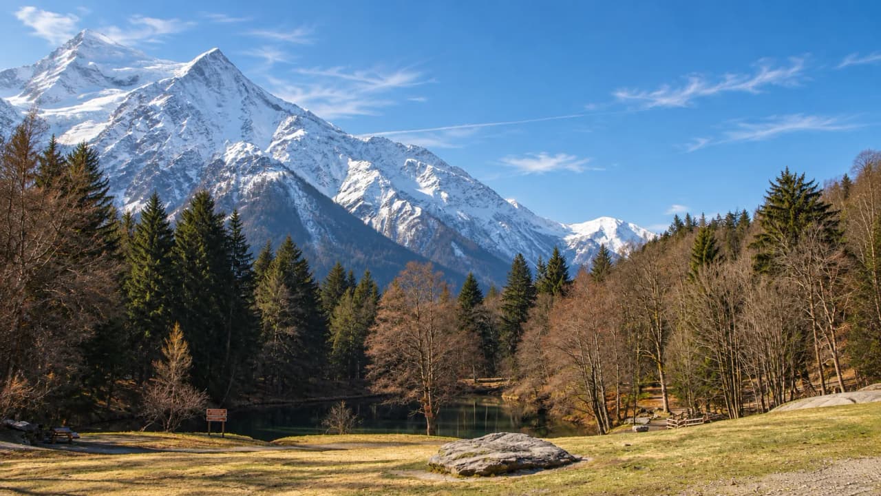 Meertje omringd door sparren aan de voet van besneeuwde toppen, vlak bij Chamonix.
