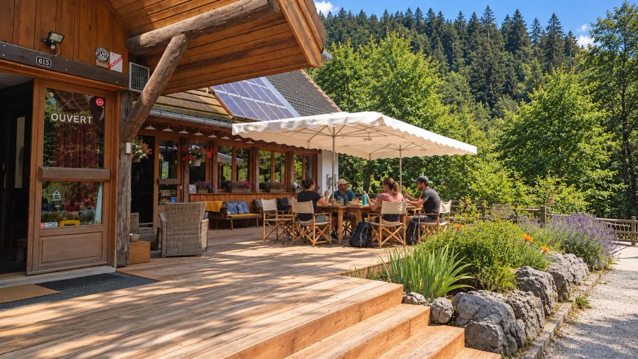 A welcoming, shaded terrace, surrounded by greenery, ideal for meals after a walk.