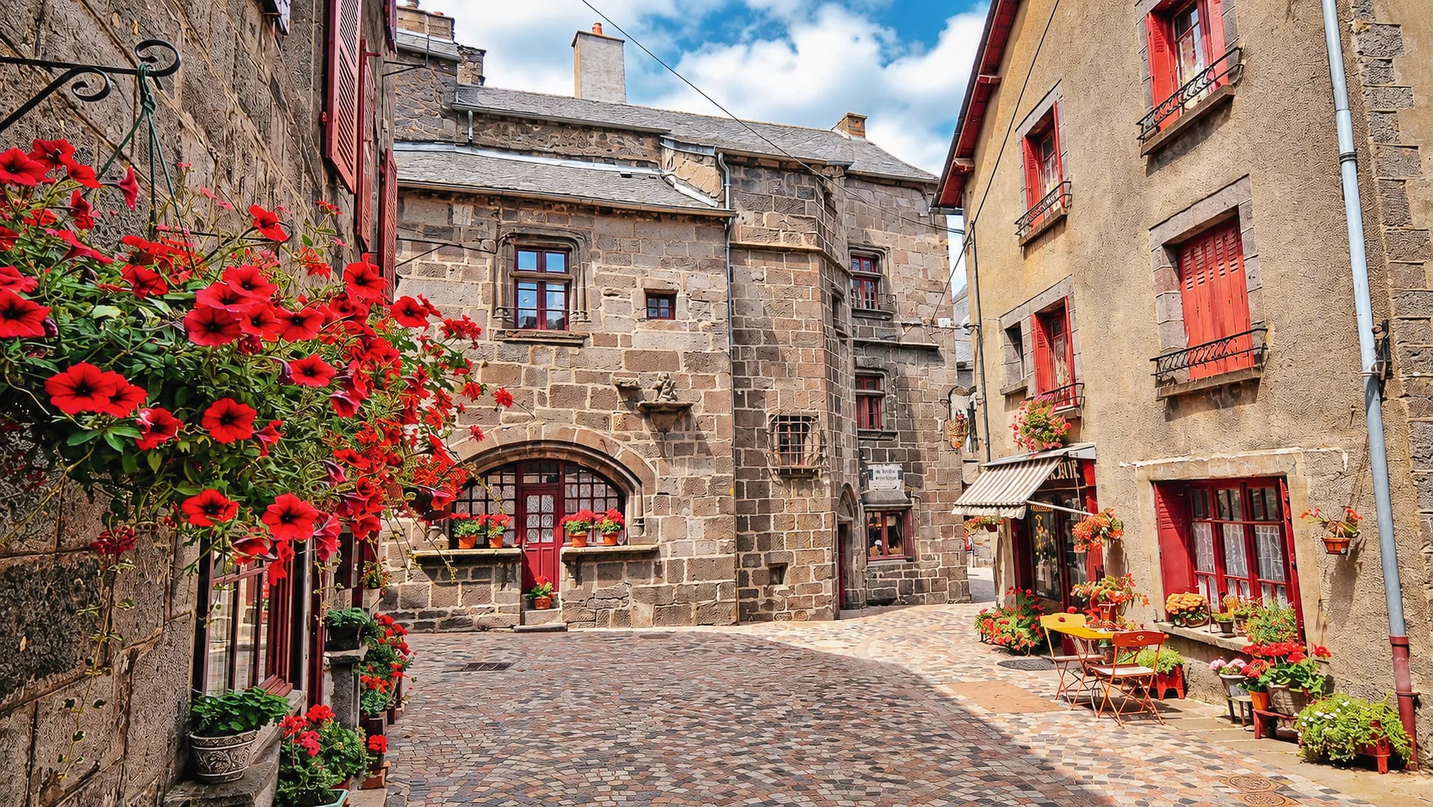 Ruelle pittoresque avec des maisons en pierre, parsemée de fleurs colorées et d'une ambiance charmante.