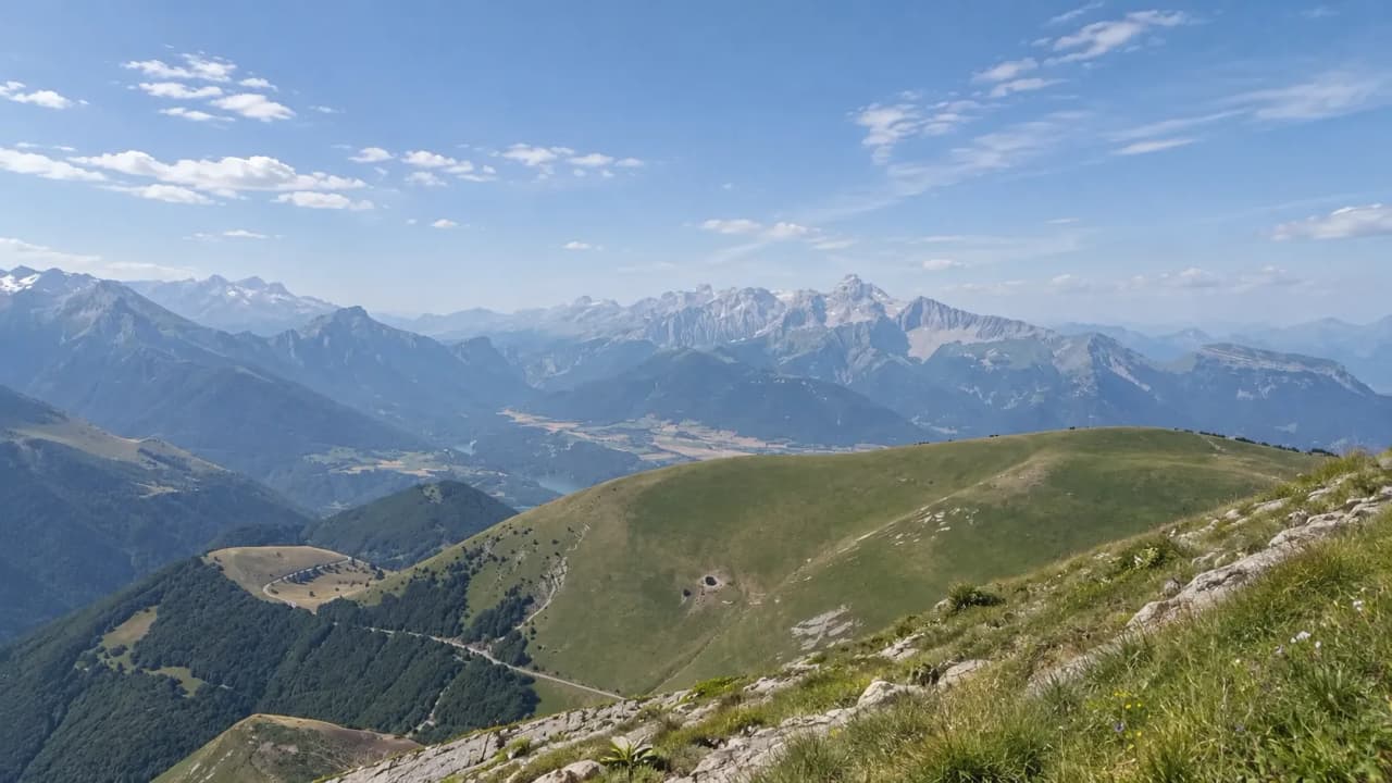 Vue panoramique des Alpes, avec vallées verdoyantes et sommets majestueux sous un ciel ensoleillé.