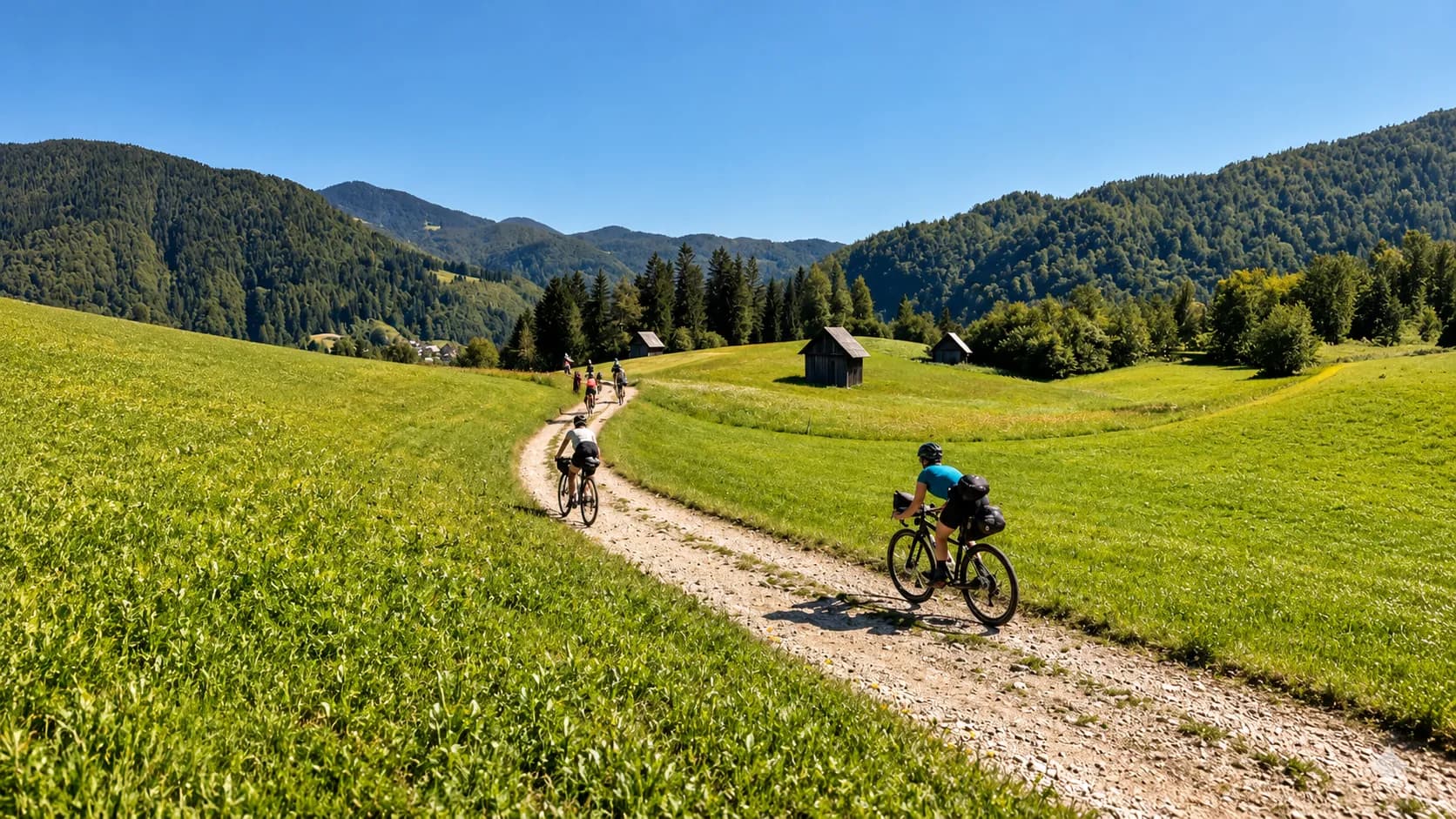 Des cyclistes traversent des prairies verdoyantes sous un ciel bleu, entourés de montagnes alpines.