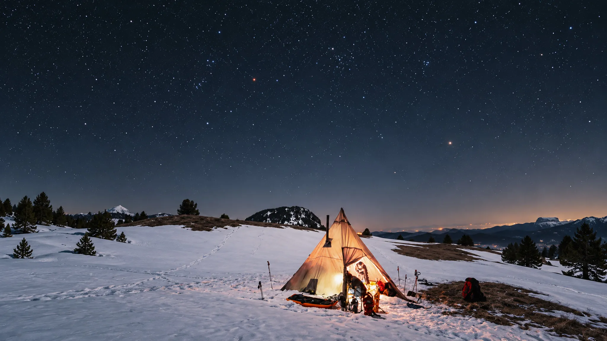 Bivouac sous un ciel étoilé, tipi illuminé, neige et paysages enchanteurs du Vercors.