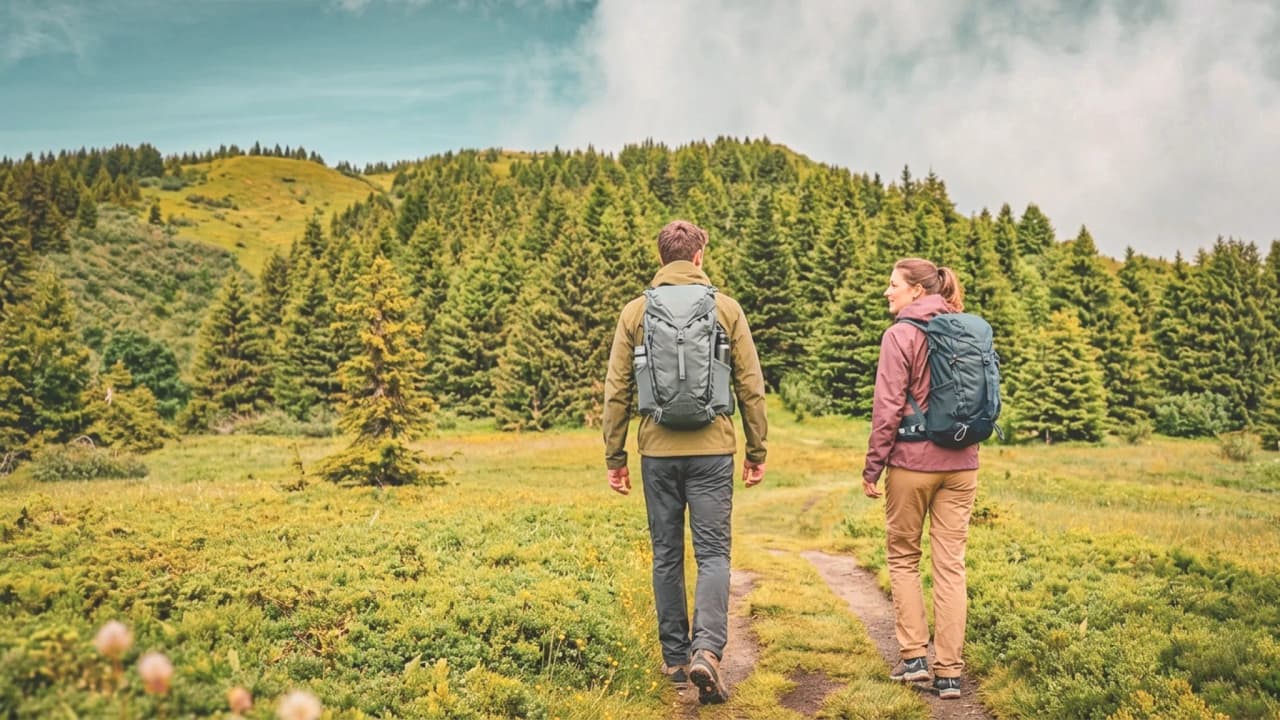 Two hikers walk along a green path through an alpine forest, with breathtaking scenery.