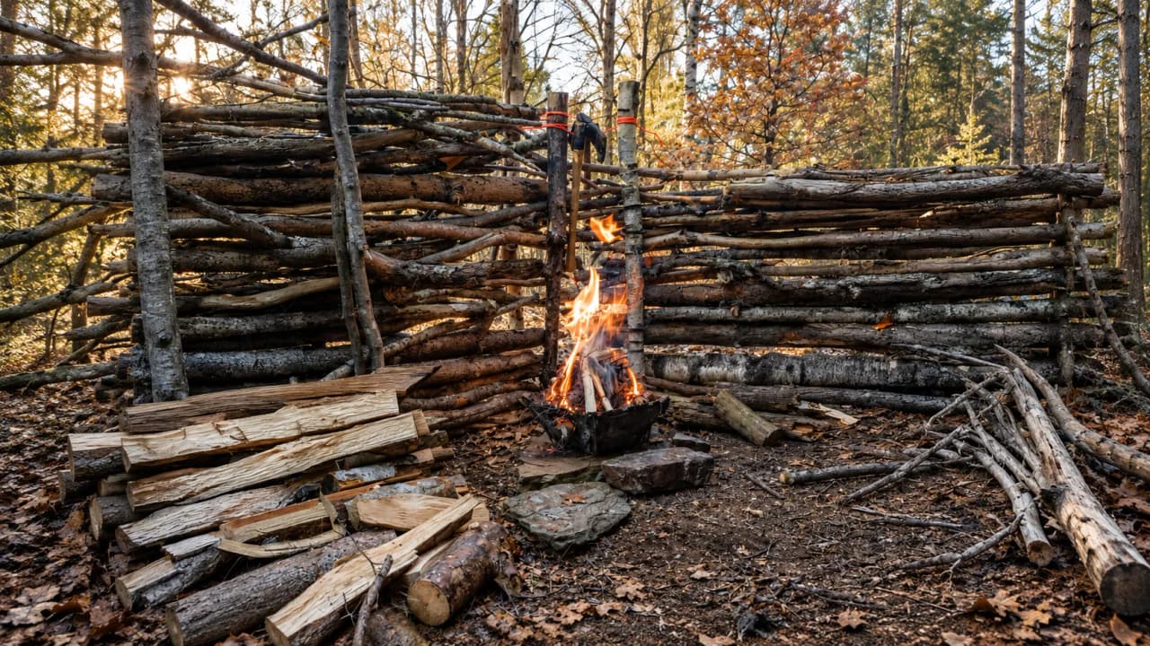 A camp in the forest with a cosy fire, ingenious structures made of branches and a peaceful atmosphere.