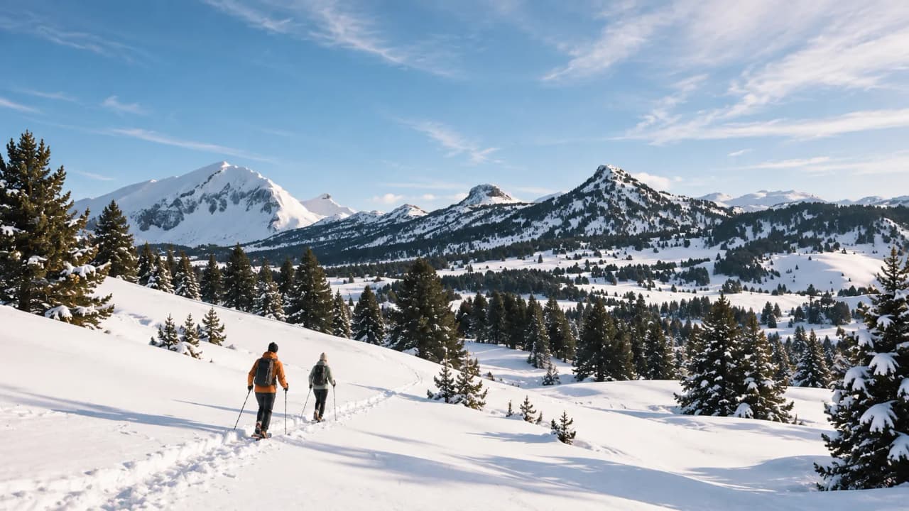 Two walkers are making their way on snowshoes through a snow-covered landscape, surrounded by majestic mountains.