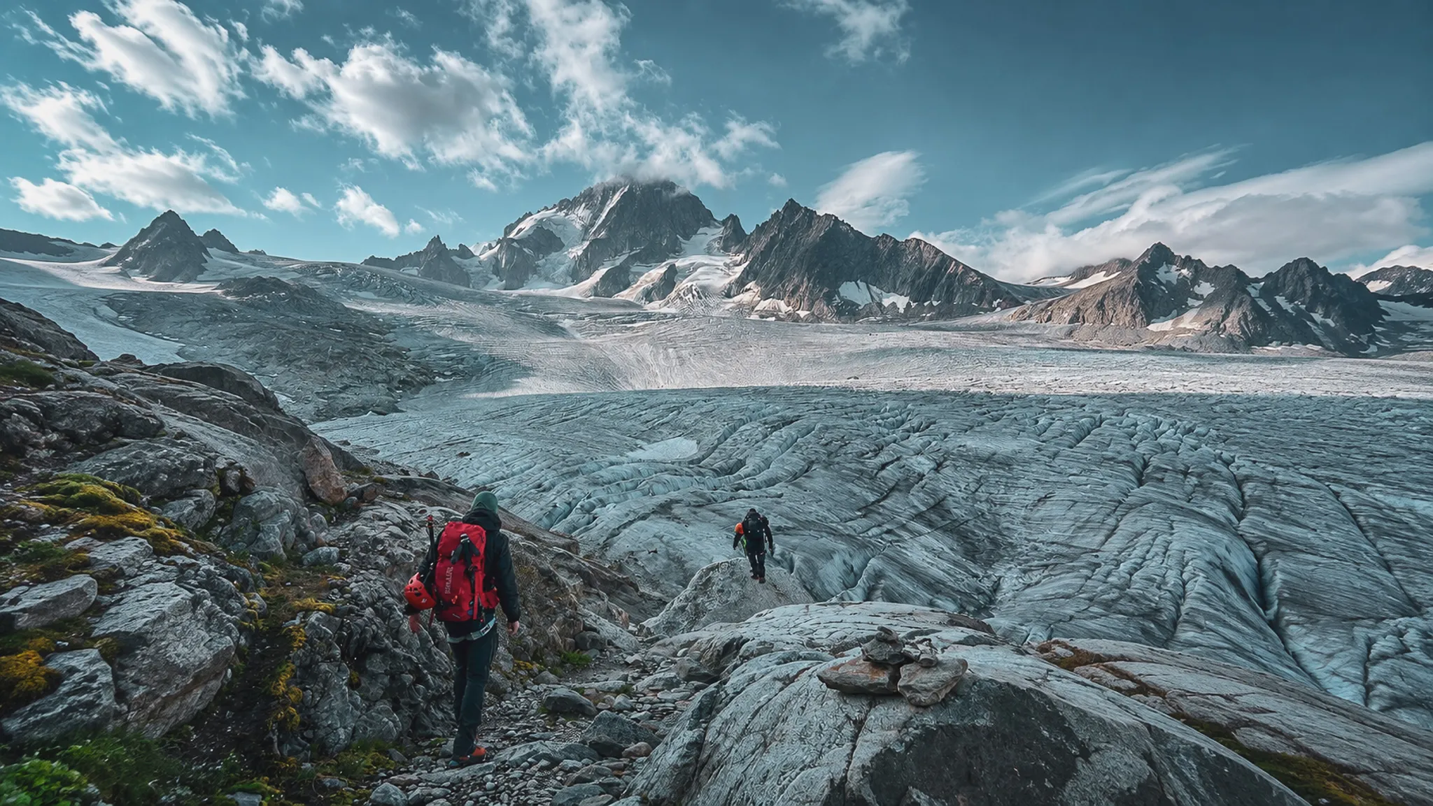 Deux alpinistes explorent un glacier majestueux au milieu des sommets alpins scintillants.