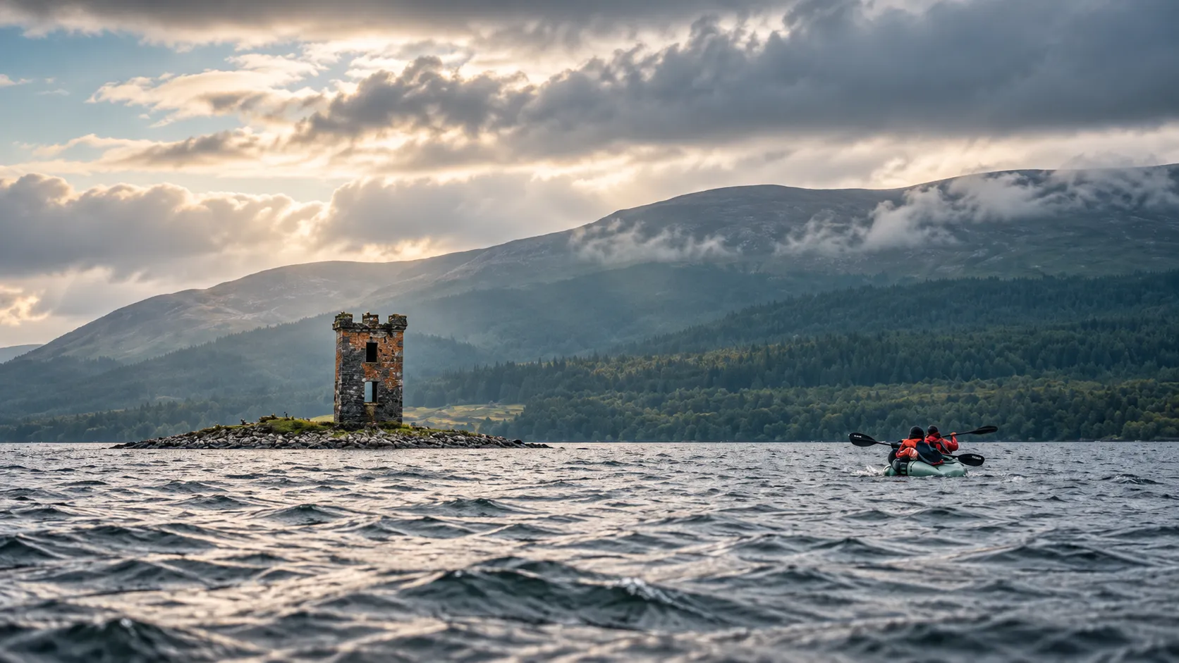 Zeil met een packraft op een vredig loch aan de voet van de Highlands, met een schilderachtige toren.