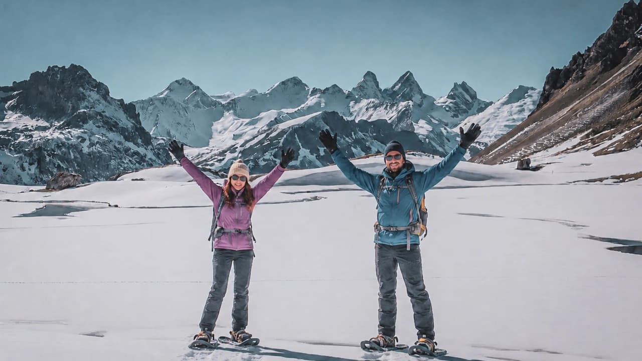Two snowshoe hikers are smiling and raising their arms, surrounded by snow-capped mountains.