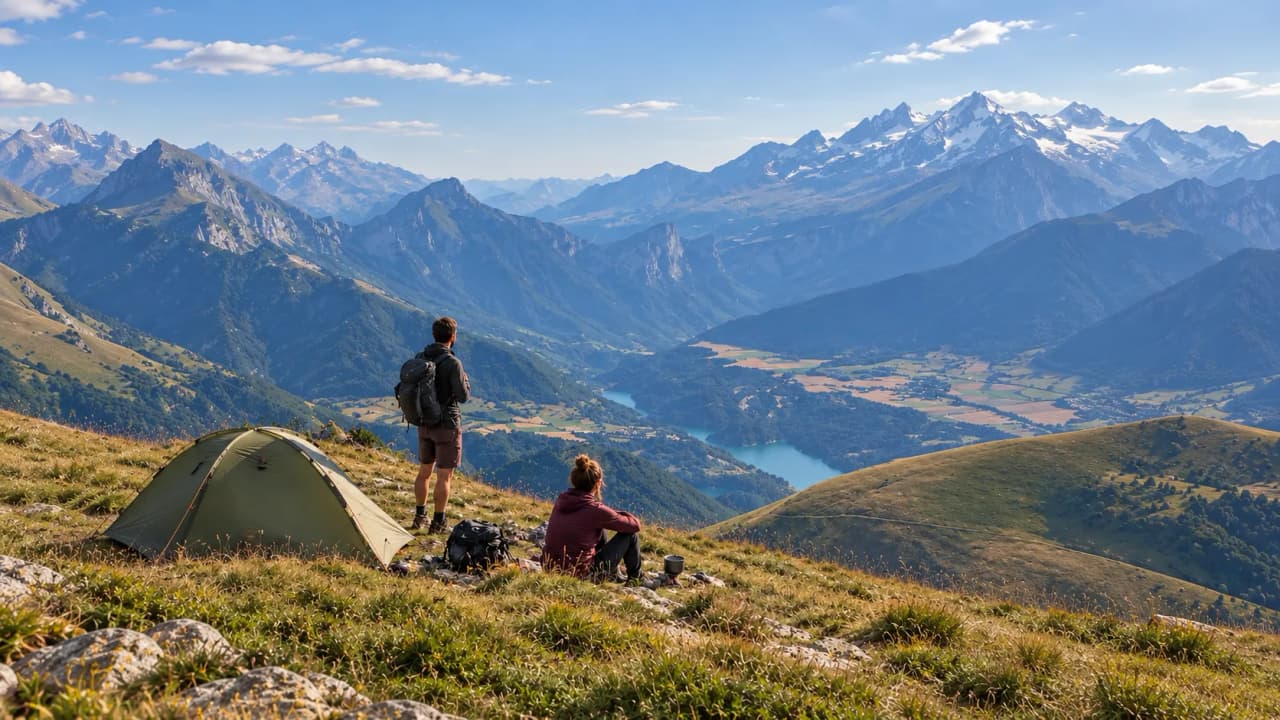 Bivouac en montagne avec vue panoramique sur les Écrins et paysages alpins à couper le souffle.