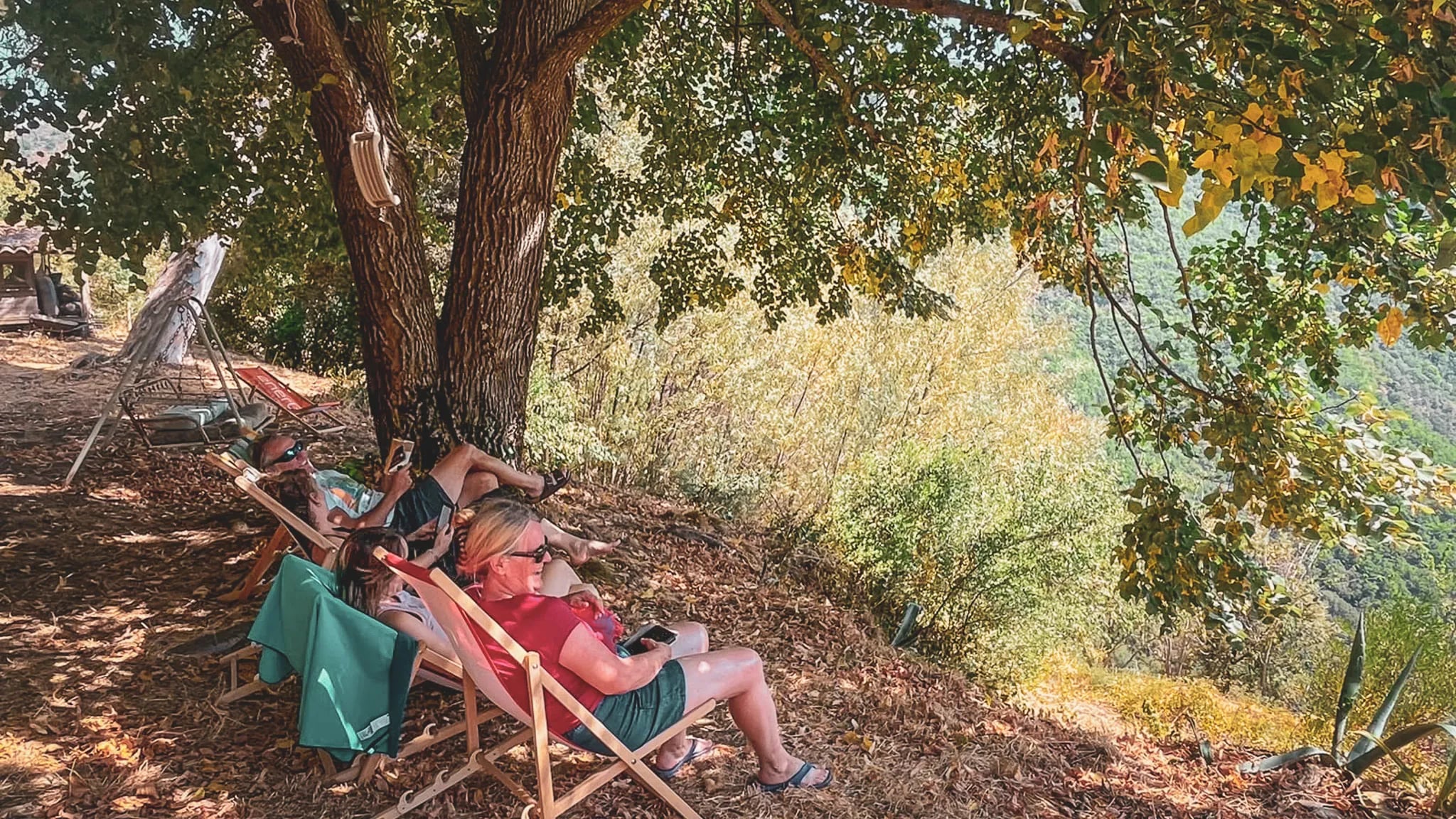A group of travellers relaxing under a tree, enjoying the view of the Cévennes.