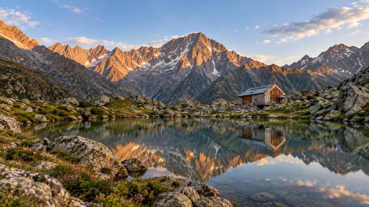A picturesque mountain hut on the lakeside, surrounded by the majestic Écrins mountains.