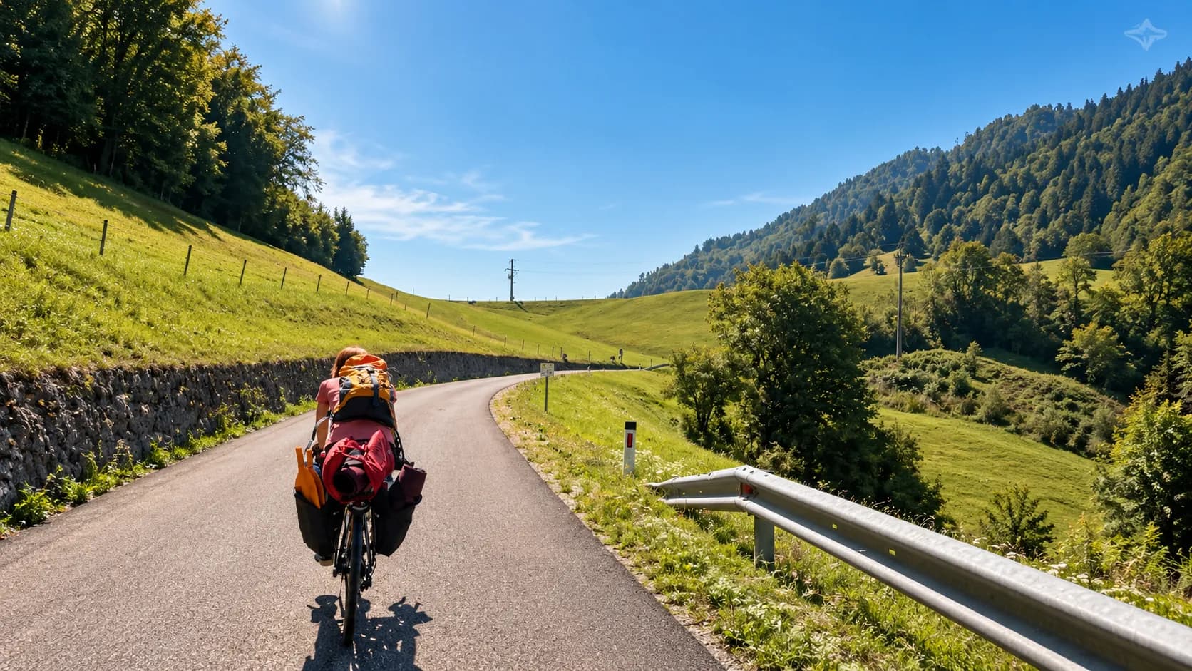 Cycliste sur une route ensoleillée, entouré de collines verdoyantes des Alpes slovènes.