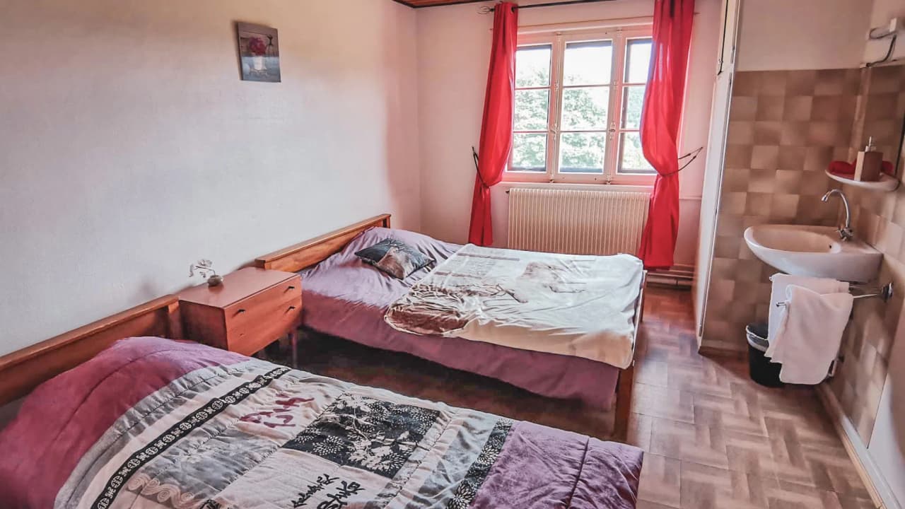 Chambre chaleureuse avec deux lits, fenêtres lumineuses et vue sur la nature vosgienne.