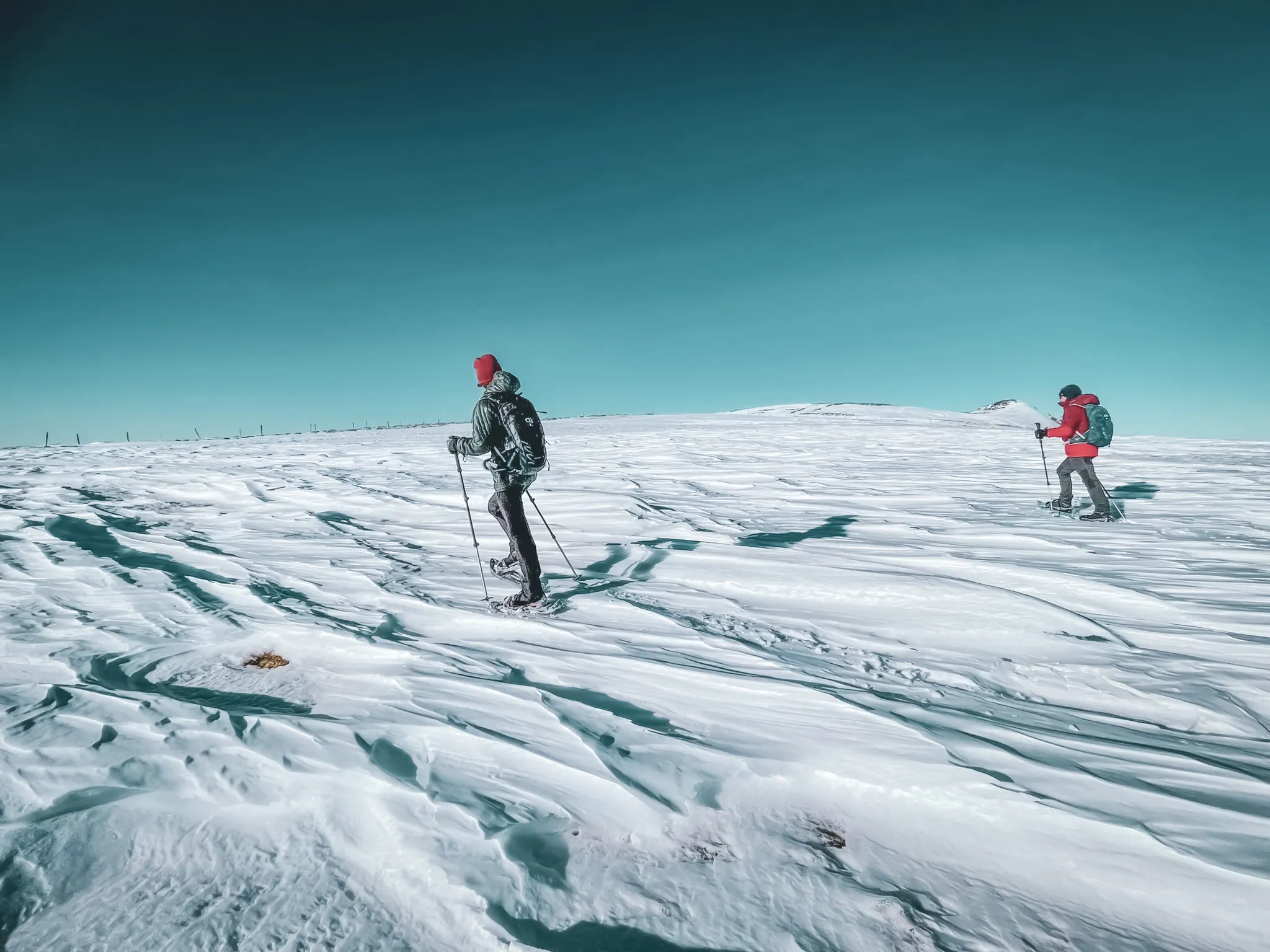 snowy landscape with two hikers on snowshoes and a blue sky in the Vosges.
