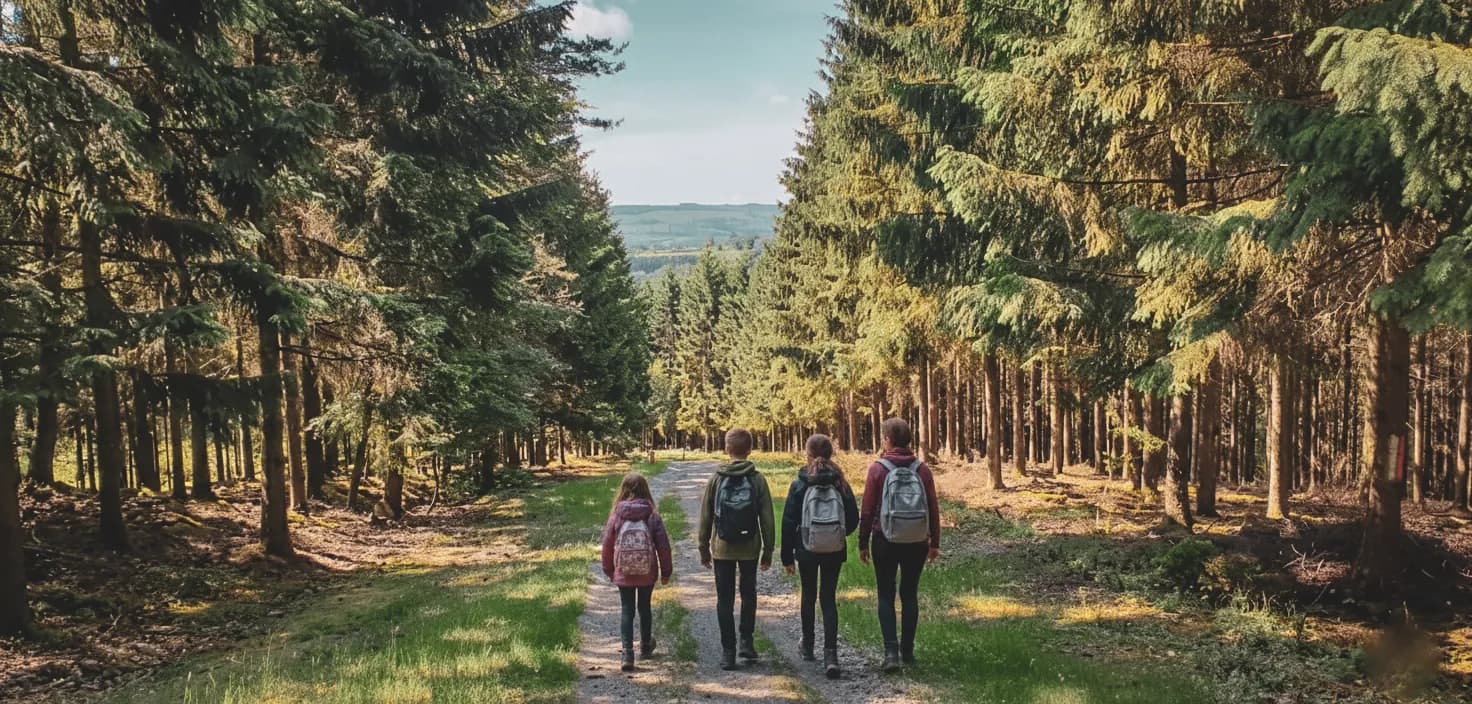 Un groupe de quatre marcheurs explore un sentier boisé en Ardenne, entouré de majestueux arbres.