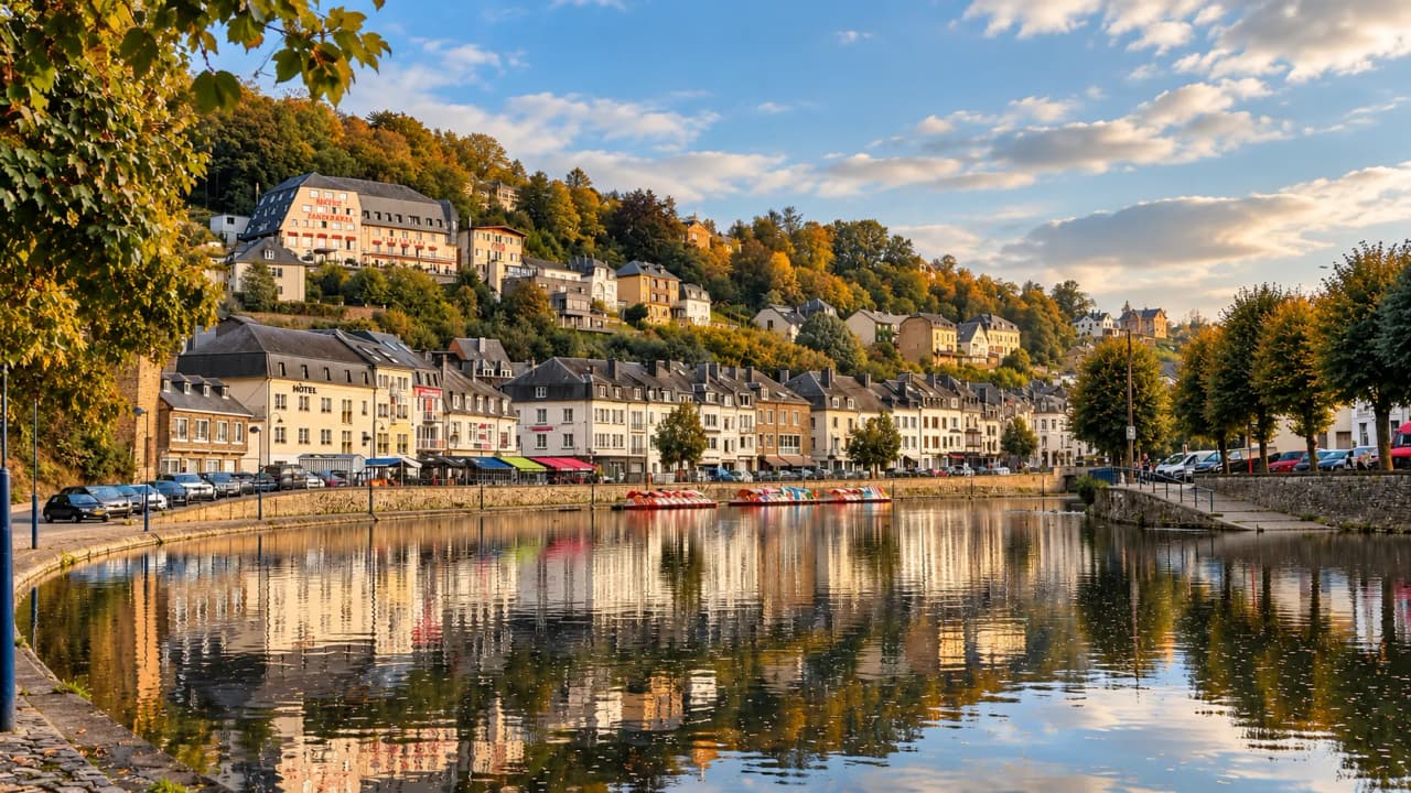 Panorama de Bouillon au coucher du soleil, reflétant la Semois et ses maisons colorées.